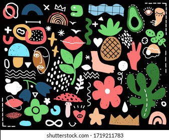 Abstract shapes vector collection on black background. Modern shape geometric texture trendy pattern. Doodle art illustration, graphic design. Wallpaper element. Simple flower, face contemporary color