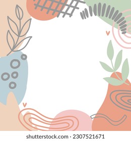 Abstract shapes vector frames. Handdrawn nature elements rainbow leaves branches dots and spots. Background for cards and advertising, banners and social media posts. Pastel colors, childish style
