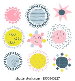 Abstract shapes vector illustrations set. Doodle solar disks flat simple composition. Cartoon round and circles with scribbles, zigzag lines and cross drawing. Sun and stars color icons collection