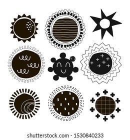 Abstract shapes vector illustrations set. Doodle solar disks flat simple composition. Decorative round and circles with scribbles, zigzag lines and cross drawing. Sun and stars monochrome icons