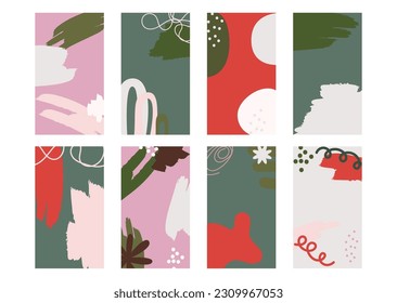 Abstract shapes vertical background template for social media stories and post creative set. Design with copy space for text and images with colored shapes and spots, strokes bright bold colors