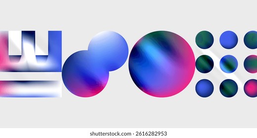 Abstract shapes, vibrant colors blend. Geometric forms, spheres, gradients create modern visual composition. Light, shadow interplay.