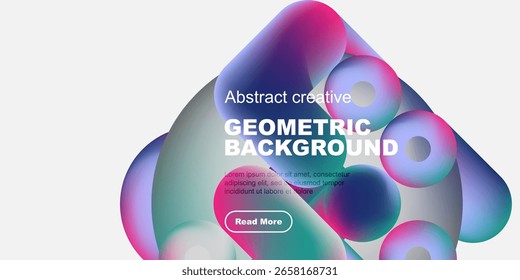 Abstract shapes, vibrant colors create modern geometric background. Text promotes further exploration, simple design.