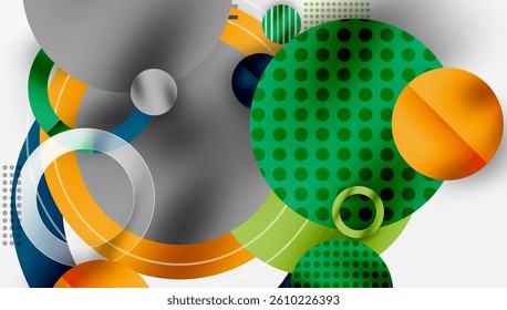 Abstract shapes, vibrant colors, dynamic composition. Circles, curves, gradients create modern design. Green, orange, blue dominate visual space.