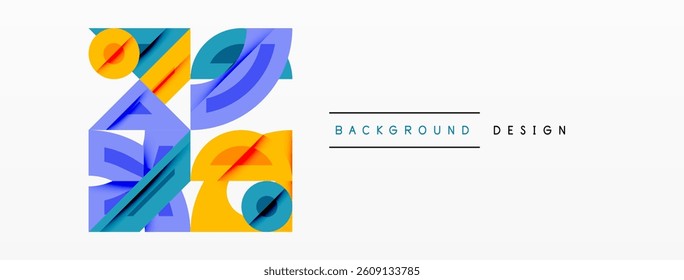 Abstract shapes, vibrant colors, geometric forms. Blue, purple, orange elements create dynamic composition. Minimalist design, modern aesthetic.