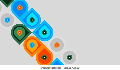 Abstract shapes, vibrant colors, geometric patterns dominate composition. Blue, orange, green hues create dynamic visual interest. Simple forms repeat.