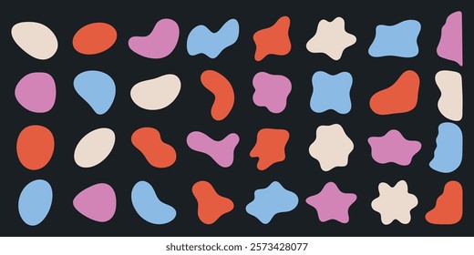 Abstract shapes in vibrant colors on a dark background. Shapes include blobs, stars, and ovals in red, blue, pink, and cream. Modern, colorful abstract design. Colorful shapes, vector element set.