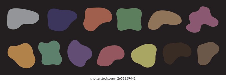 Abstract shapes in vibrant colors on a dark background. Shapes include blobs, stars, and ovals in red, blue, pink, and cream. Modern, colorful abstract design. Colorful shapes, vector element set.