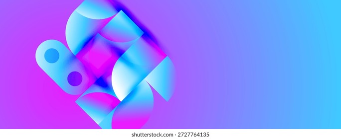 Formas abstratas, vibrante gradiente roxo-azul. Design moderno, composição dinâmica, sombras suaves criam profundidade. Estética minimalista.