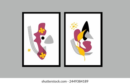 Formas Abstractas de arte mural. Conjunto de dos piezas de color rosa amarillo y negro boho decoración de la pared, impresión de la pared y Fondo de pantalla.