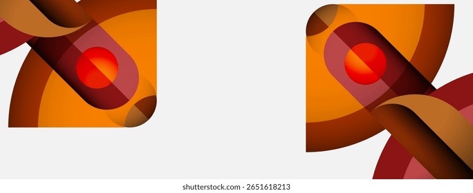 Abstract shapes, warm colors dominate composition. Two similar designs present dynamic visual interest. Red center draws attention.