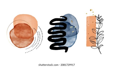 Abstract Shapes, Watercolor Red Circles Ink  Marble Painting Brush , Gold Design Background