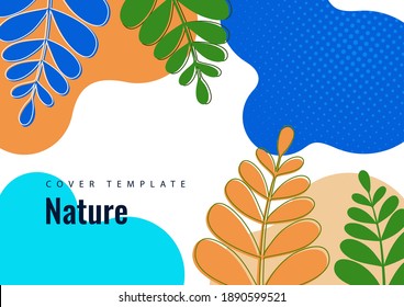 Abstract shapes with wavy edges, smoothly curved branches with leaves on a white background. Stylish modern eco template for your design. Vector illustration.