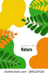 Abstract shapes with wavy edges, smoothly curved branches with leaves on a white background. Stylish modern eco template for your design. Vector illustration.