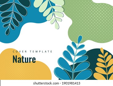 Abstrakte Formen mit scharfen Kanten, glatt geschwungene Äste mit Blättern auf weißem Hintergrund. Stylische moderne Öko-Vorlage für Ihr Design. Vektorgrafik.