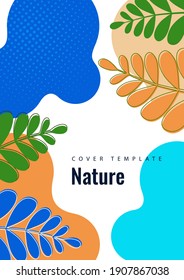 Abstract shapes with wavy edges, smoothly curved branches with leaves on a white background. Stylish modern eco template for your design. Vector illustration.