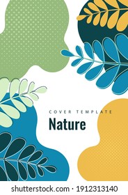 Abstract shapes with wavy edges, smoothly curved branches with leaves on a white background. Stylish modern eco template for your design. Vector illustration.