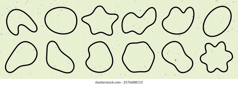 Abstract shapes with wavy lines on a light background. Various abstract forms create a playful pattern. Wavy lines and abstract shapes add a dynamic feel. Black shape vector set.