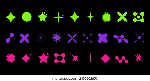 Abstract shapes in y2k style brutalist retro. Bright color. Green pink and purple. Set geometric shapes atmosphere future. For banner poster design web design. Vector illustration.