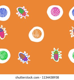 Abstract shapes,beetles , doodles,dotted lines, labels seamless  pattern. Hand drawn.