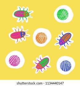Abstract shapes,beetles , doodles,dotted lines, labels pattern. Hand drawn.