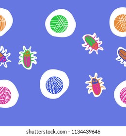 Abstract shapes,beetles  pattern, doodles,dotted lines, labels  seamless pattern. Hand drawn.