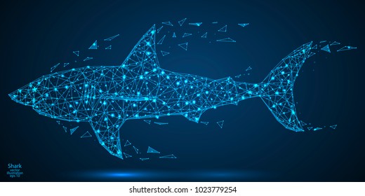 Abstract shark consists of lines and triangles. The illustration is made up of polygons and points, stars in the sky. Vector EPS 10.