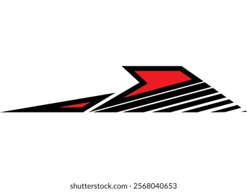 Abstract sharp arrow from lines. Fashionable striped design element for car, motorcycle, boat, sportswear, toy. Vector background. Applique. Racing strip.