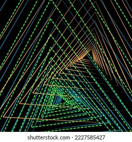 abstract sharp corner colorful orange green and blue light multi lines layers geometric creativity imagination in black background