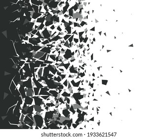 Abstract shatter background. Exploded black pieces scatter, shattered triangles destruction pattern. Broken particles vector background illustration set. Black destroyed fragments design