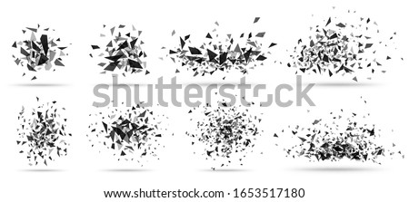 Abstract shatter burst. Geometric texture, dark triangles bursts and broken shattered debris vector set. Flying black shapes explosion, particles spray isolated on white Foto d'archivio © 