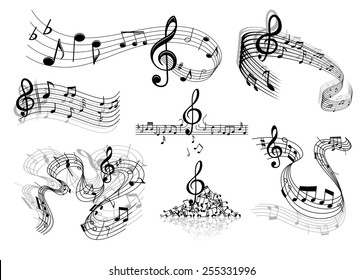 Abstract sheet music design elements depicting music staves with treble clefs, notes, clef signs with shadows and reflections isolated on white background