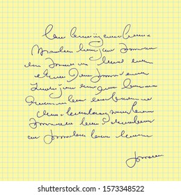 Abstract sheet of paper with handwritten text, note with signature, hand drawn vector unreadable script