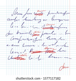 Abstract sheet of paper with handwritten text, note with with mistakes and misprints and signature, hand drawn vector unreadable script