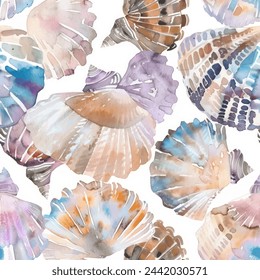 Abstract shell watercolor painting floral seamless patterns, soft pastel colors water color seamless pattern for beauty products or other.