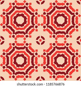 Abstract shibori seamless vector pattern with red ikat print of mosaic on white background