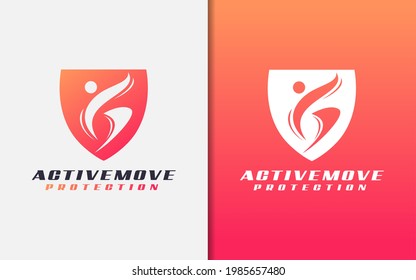 Abstract Shield and Active Move People Silhouette Logo Design. Sport Vector Illustration.