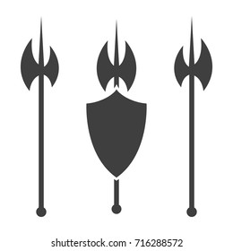 Abstract shield and axe silhouette.