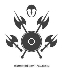 Abstract shield and axe silhouette.