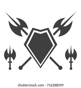 Abstract shield and axe silhouette.