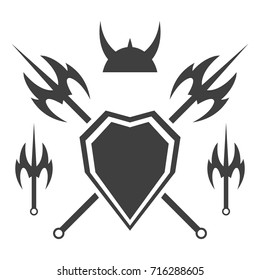 Abstract shield and axe silhouette.