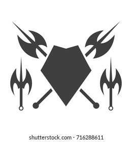Abstract shield and axe silhouette.