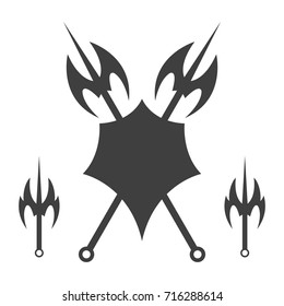 Abstract shield and axe silhouette.