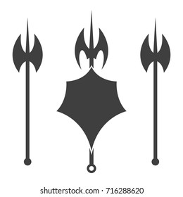 Abstract shield and axe silhouette.