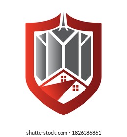 Abstract shield and building security logo icon symbol of security protection maintenance company