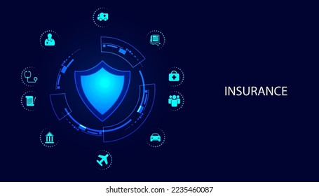 Abstract shield and circle digital concept, insurance, health insurance, finance, life insurance, car, home or security. on blue background beautiful digital