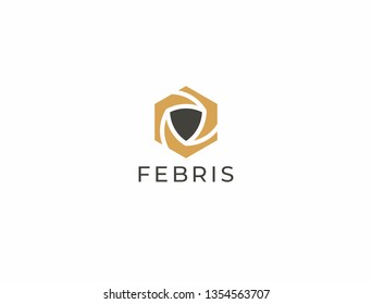 Abstract shield with hexagon box logo. Protection, teamwork, defence, security, guard, trust, guarantee, warranty symbol. Looped shield lines protection Logotype.