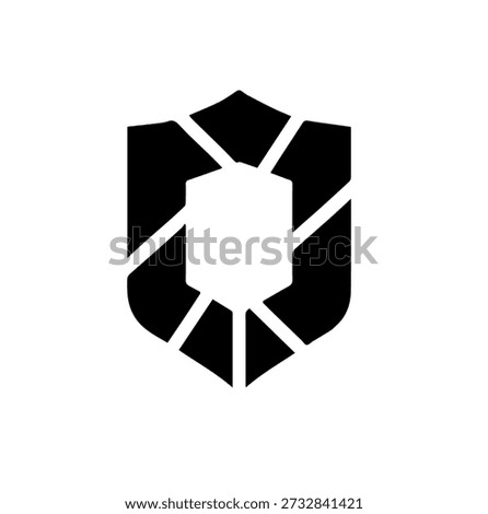 Abstract Shield Icon with Hexagonal Aperture, Modern Geometric Logo, Security Symbol, Clean Black and White Vector Design, Minimalist Emblem
