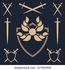 Abstract shield with leaves and swords. Unique template of the security company. Security sign.
