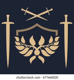 Abstract shield with leaves and swords. Unique template of the security company. Security sign.
